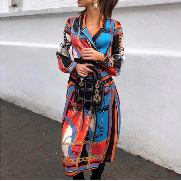 Zara Blogger Fav Chain Print Scarf Print Long Sleeve Midi Shirt Dress Orange - Picture 5 of 13